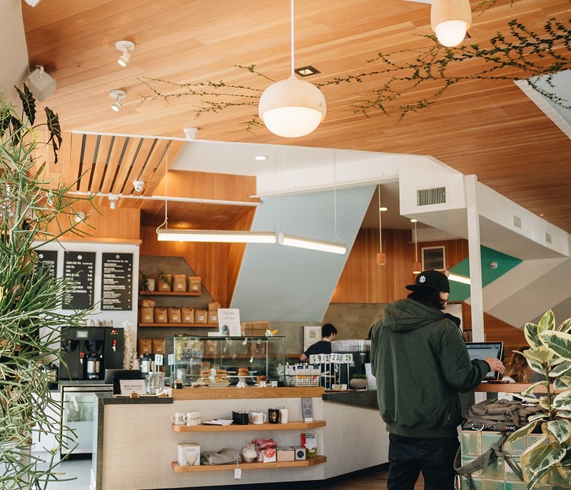 The angular wood ceiling and counter at Verve Coffee Roasters' Market Street cafe